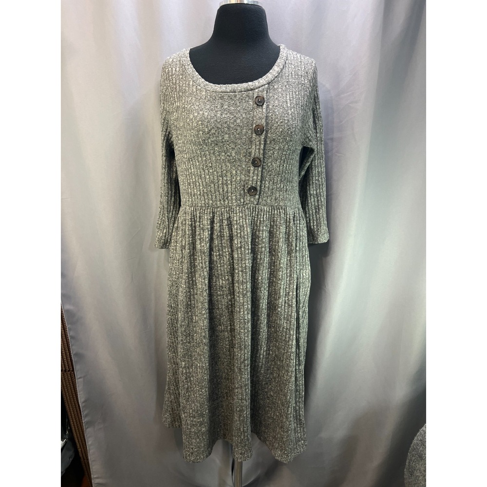 Lake Flower Sweater Dress Womens Small Gray Ribbed Knit Button Front Knee Length